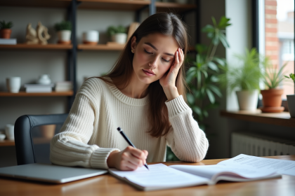 Jeune femme lisant des documents dans un bureau cosy