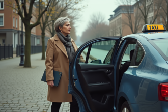 Femme d'âge moyen entrant dans un taxi au bord de la rue