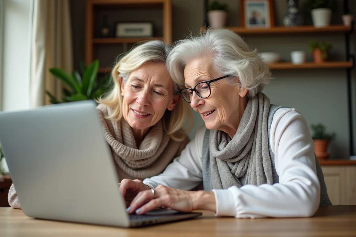 Femme d'âge moyen et mère âgée utilisant un ordinateur dans la cuisine
