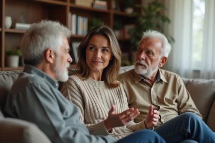 Femme discutant avec ses parents dans un salon chaleureux