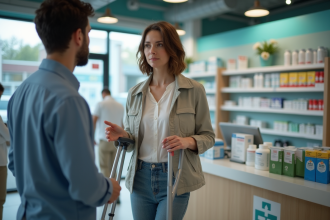 Femme parlant à un pharmacien avec des béquilles en main