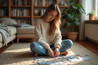 Femme concentrée en train de faire un puzzle chez elle