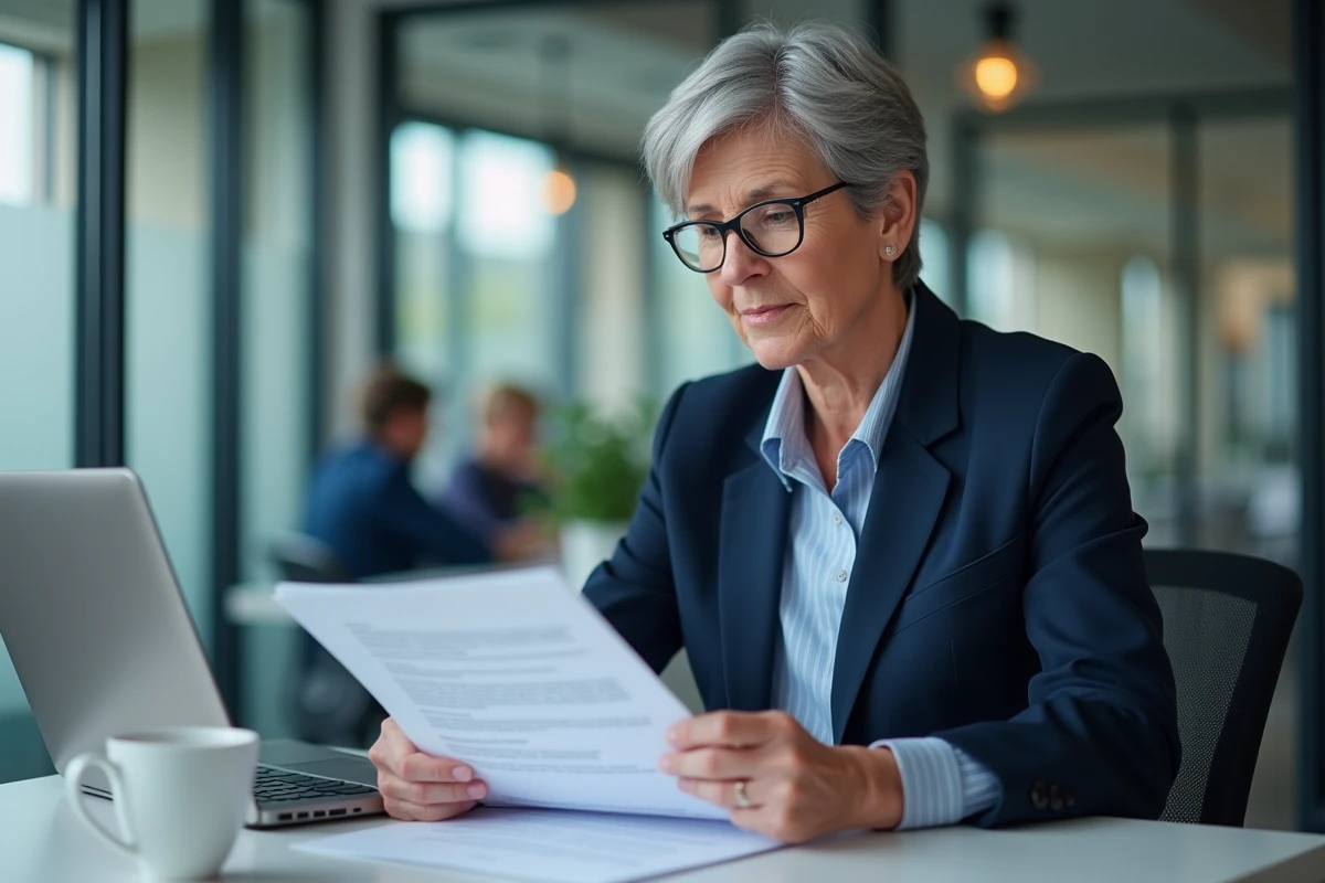 Une femme professionnelle relisant sa lettre de démission avant son départ à la retraite au bureau