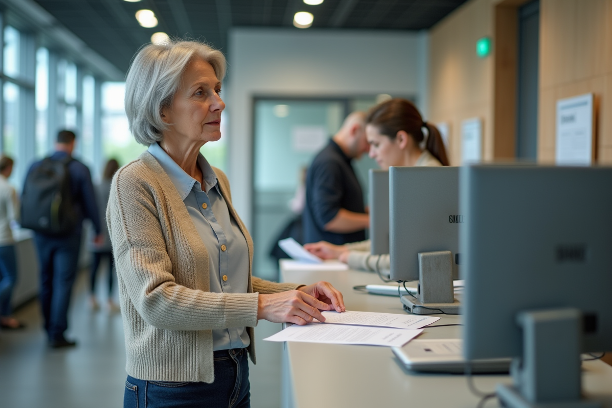 Femme de 60 ans déposant des formulaires à un bureau d