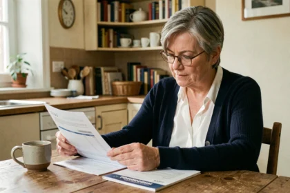 Femme d'une cinquantaine d'années consultant des documents de retraite complémentaire à domicile