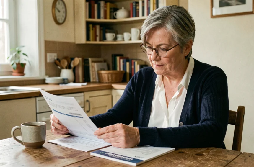 Femme d'une cinquantaine d'années consultant des documents de retraite complémentaire à domicile