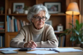 Femme retraitée lisant ses papiers de pension dans un salon chaleureux