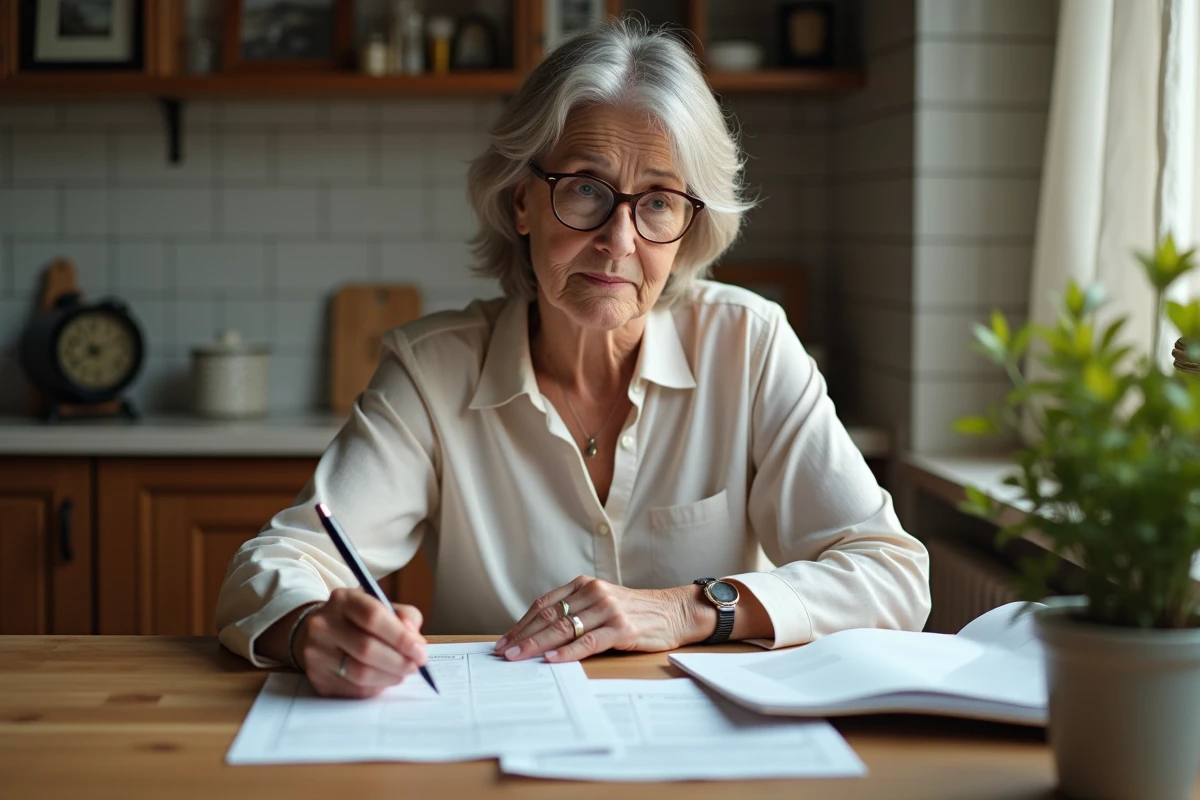 Femme d'âge moyen réfléchissant à ses papiers de retraite dans la cuisine