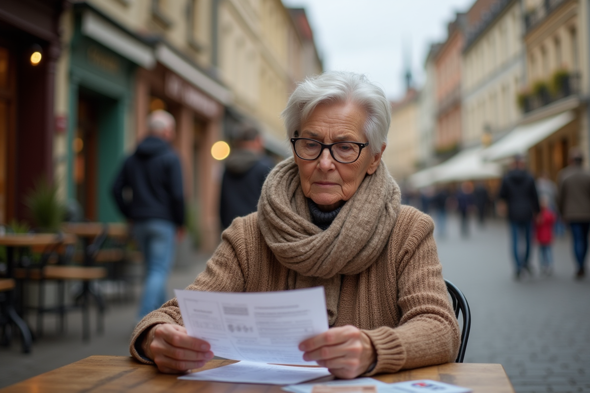 Femme retraitée regardant ses notes financières en terrasse