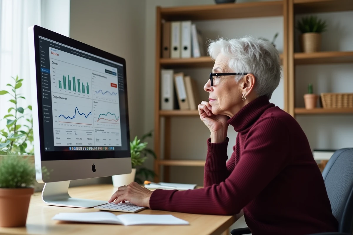 Femme retraitée consultant ses avantages de retraite sur ordinateur depuis son bureau à domicile