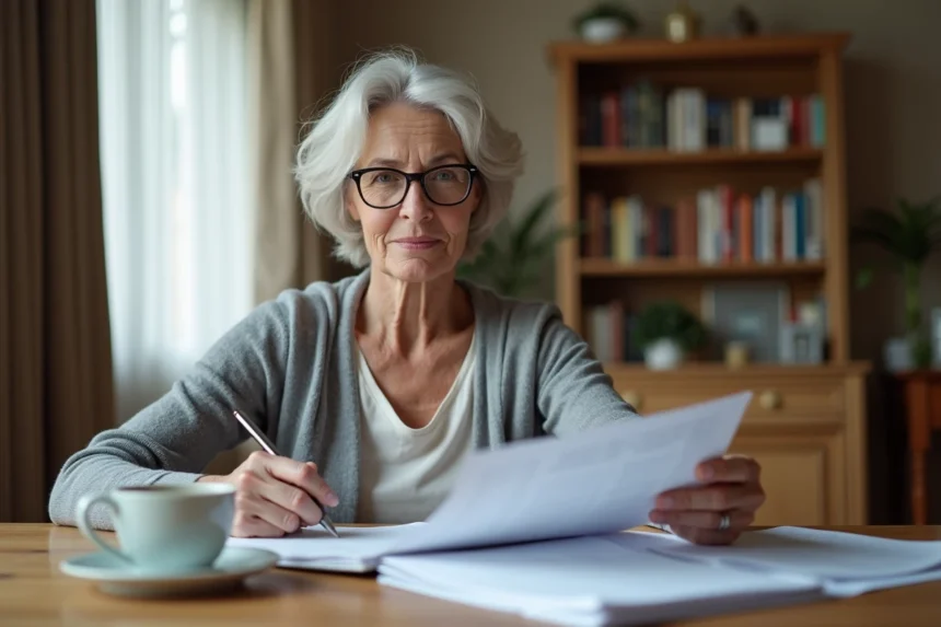 Femme retraitée étudiant des documents de pension de réversion à une table de cuisine