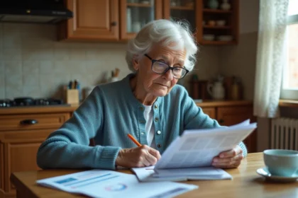 Une femme âgée consulte des documents d'aide financière à côté d'un calendrier électronique senior posé sur une table de cuisine