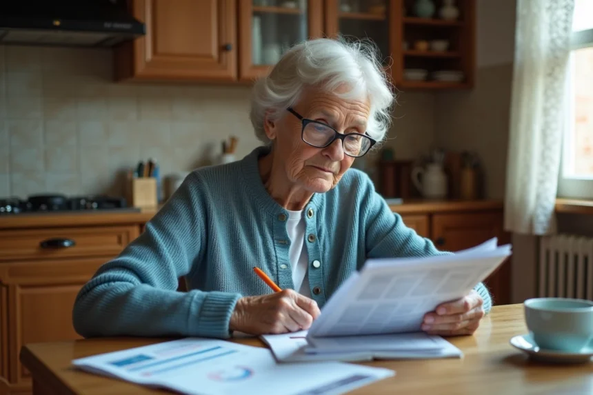Une femme âgée consulte des documents d'aide financière à côté d'un calendrier électronique senior posé sur une table de cuisine