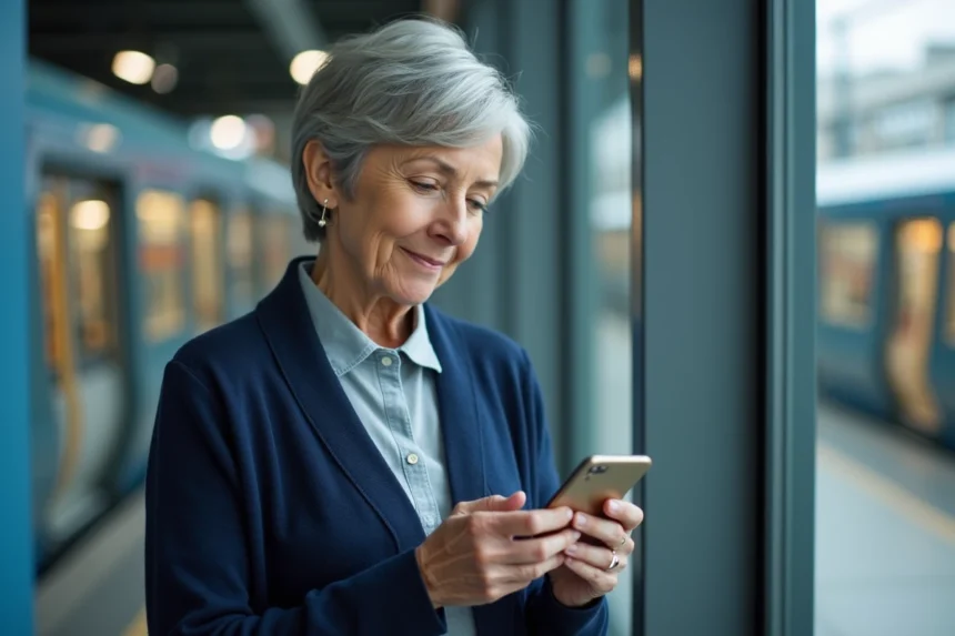 Femme senior tenant un smartphone affichant une carte SNCF dématérialisée dans une gare moderne