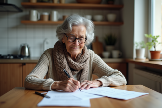 Femme âgée lisant des documents dans une cuisine chaleureuse