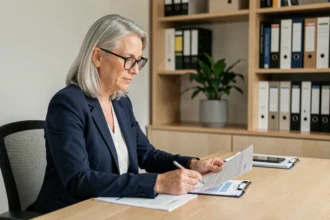 Femme senior révisant ses documents financiers pour un investissement immobilier Domitys à son bureau à domicile
