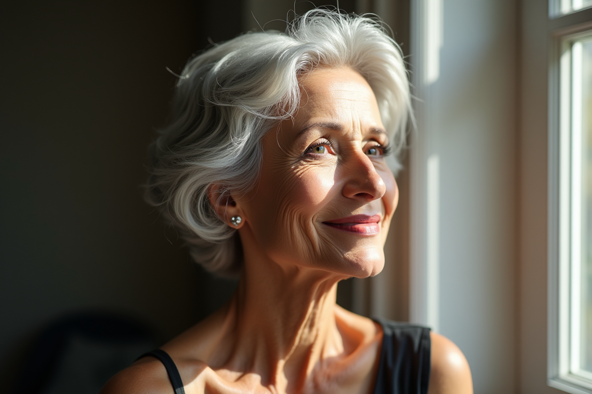 Femme senior élégante souriante avec cheveux argentés