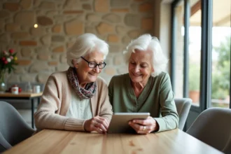 Femme senior et fille souriantes avec tablette dans salon