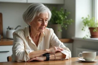Femme senior examinant sa montre connectée au poignet dans une cuisine lumineuse et chaleureuse