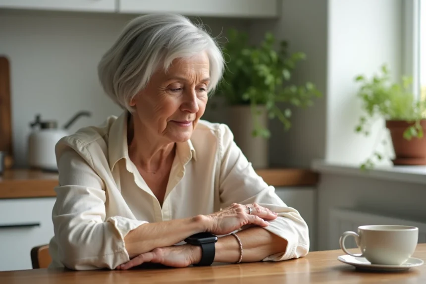 Femme senior examinant sa montre connectée au poignet dans une cuisine lumineuse et chaleureuse
