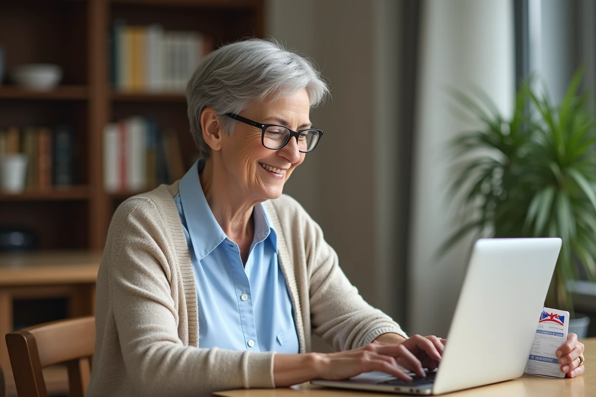 Femme senior souriante avec ticket de train à la maison