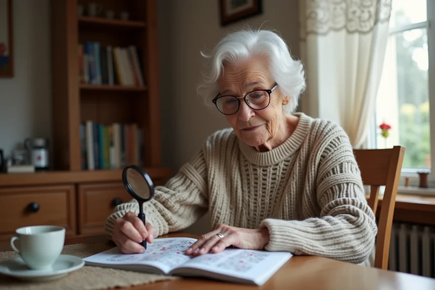 Femme senior résolvant un puzzle tout en lisant