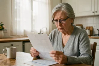 Femme senior consultant son relevé de retraite Agirc-Arrco à la maison en 2026