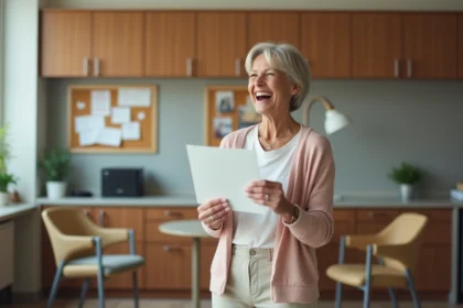 Femme senior souriante avec carte dans un bureau convivial