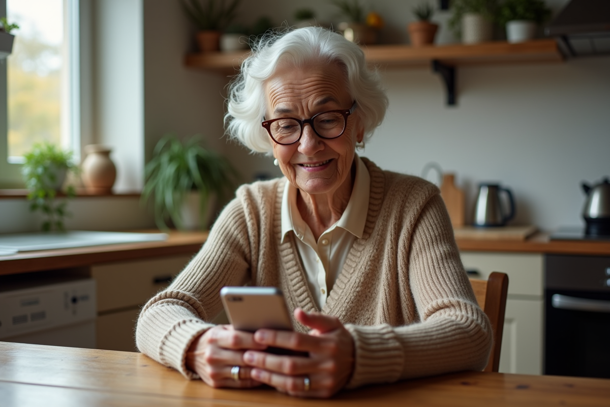 Femme senior utilisant un téléphone dans la cuisine chaleureuse