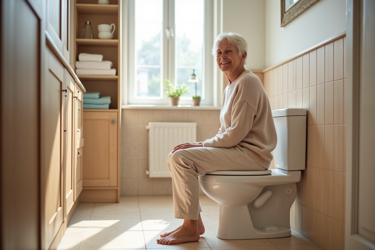 Femme âgée souriante assise sur une toilette surélevée dans une salle de bain lumineuse