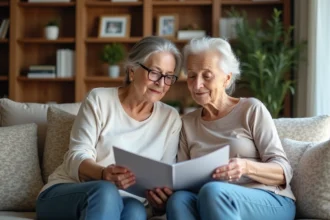 Femme aidant sa mère âgée à lire un dépliant dans le salon