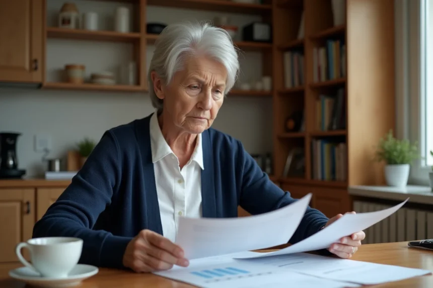 Femme retraitée relisant attentivement un formulaire de demande de retraite à sa table de cuisine