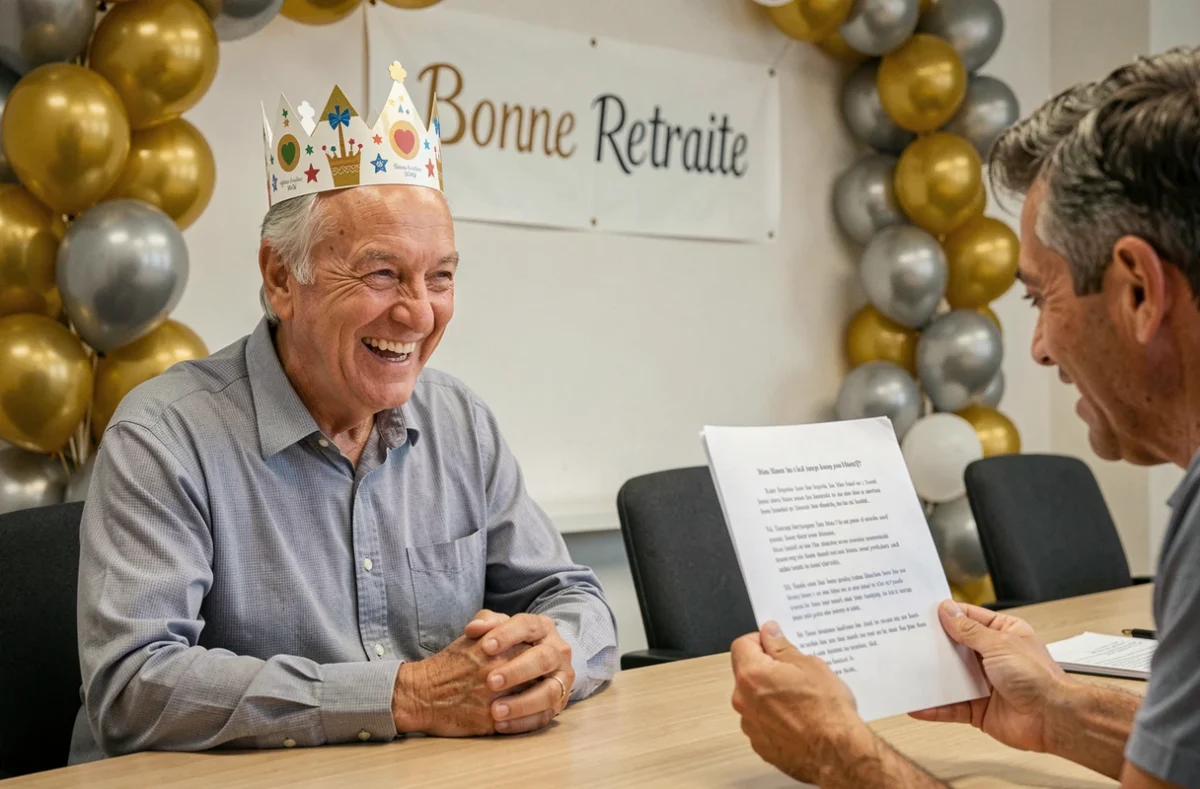 Homme à la retraite souriant avec une couronne en papier, écoutant une chanson humoristique lue par un collègue lors d'une fête de départ