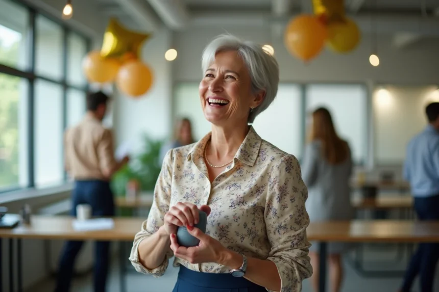 Femme souriante à la retraite tenant une enceinte Bluetooth lors d'une fête de départ au travail avec collègues et ballons