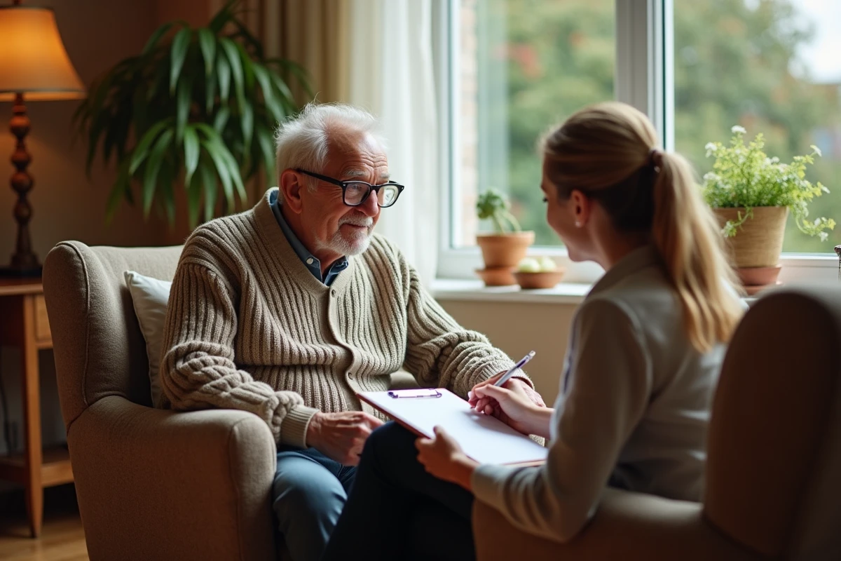 Fille remplissant un formulaire pour son père dans un salon chaleureux