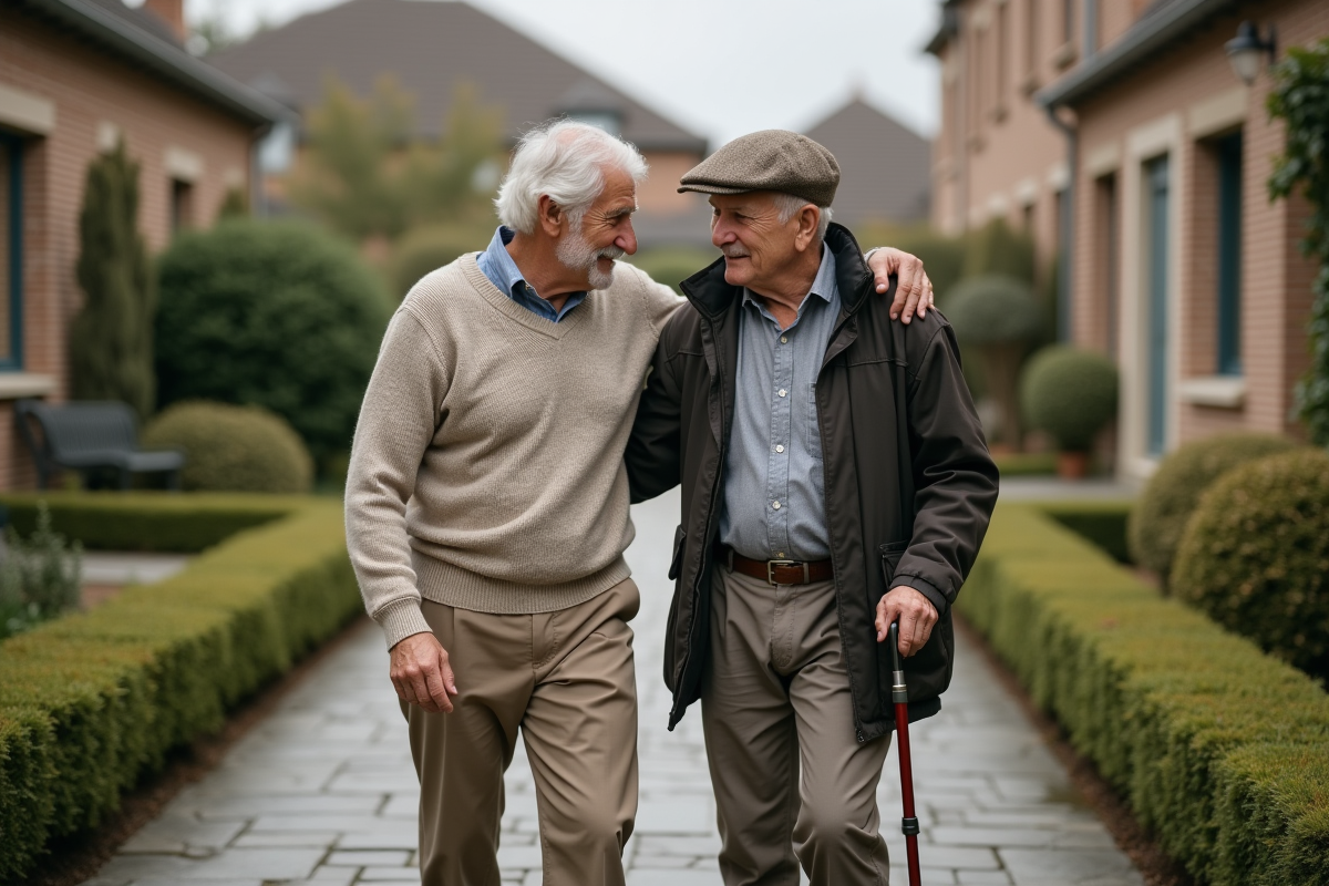 Fils soutenant son père dans un jardin en plein air