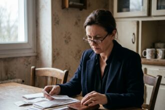 Femme d'âge mûr examinant des documents administratifs et financiers à une table en bois, illustrant les démarches pour financer des obsèques sans ressources suffisantes