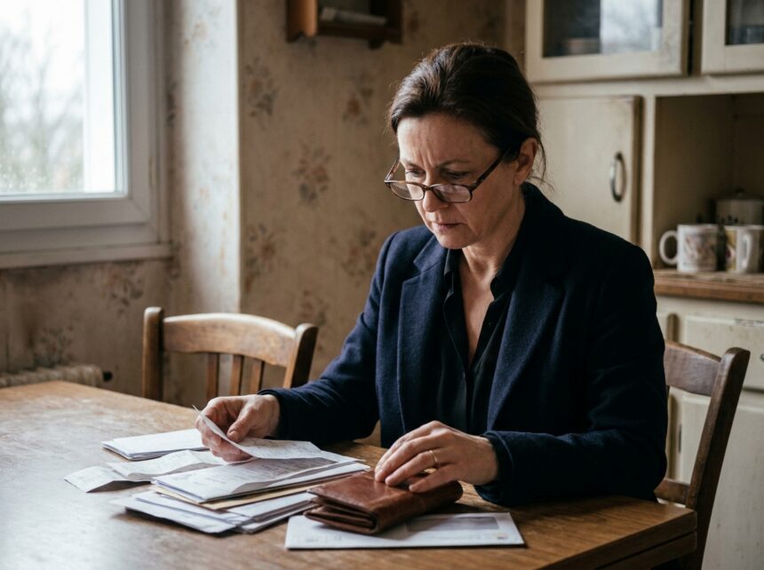 Femme d'âge mûr examinant des documents administratifs et financiers à une table en bois, illustrant les démarches pour financer des obsèques sans ressources suffisantes