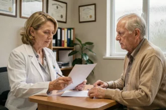 Médecin gériatre expliquant calmement le test de l'horloge à un patient âgé anxieux dans un cabinet médical