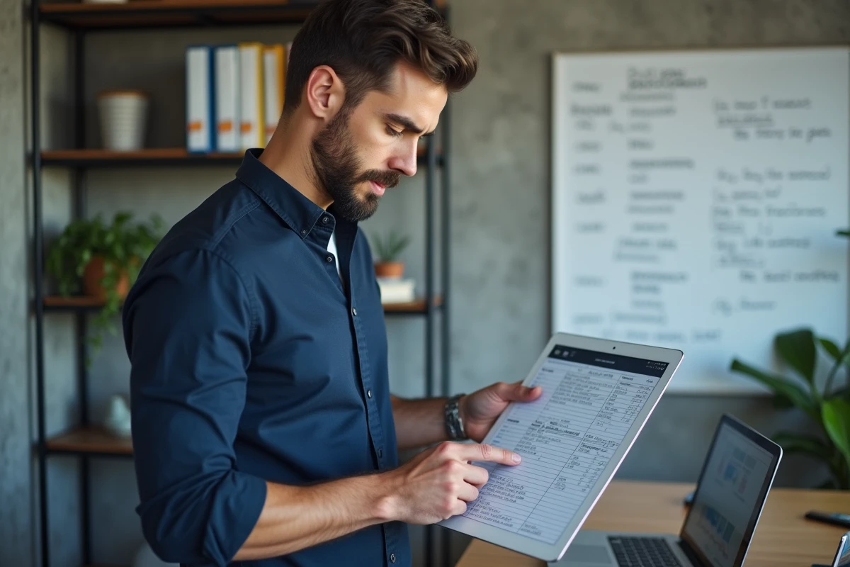 Homme debout dans un bureau startup comparant un tableau papier avec une interface numérique de gestion sur tablette