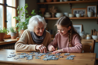 Une grand-mère et sa petite fille jouent au puzzle à la maison