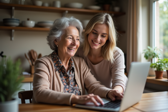 Grand-mère souriante avec sa petite fille utilisant un ordinateur
