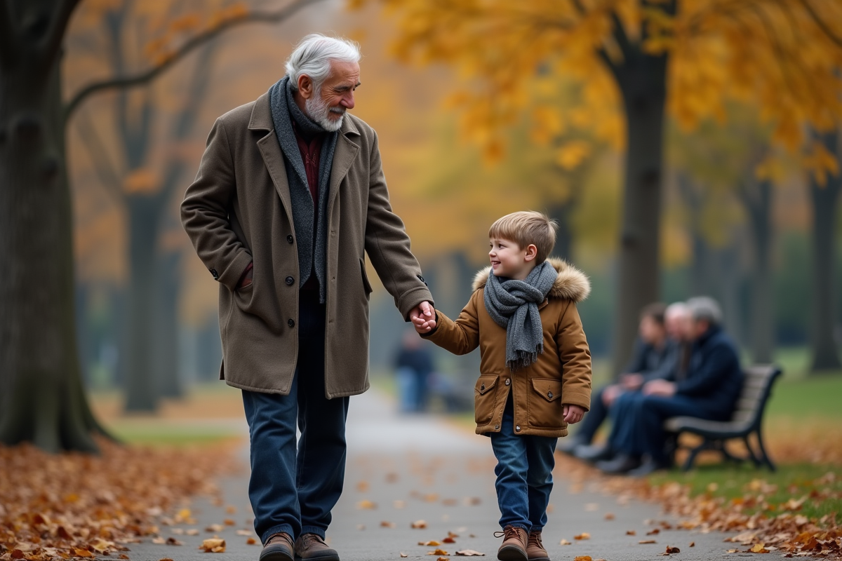 Grand-père et petit garçon se tiennent la main dans un parc d