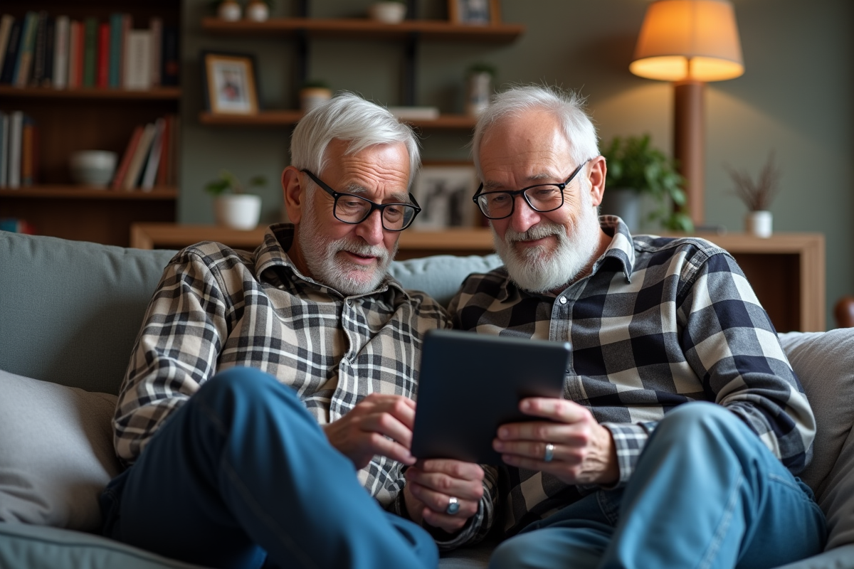 Grand-père et petit-fils partageant une tablette dans le salon