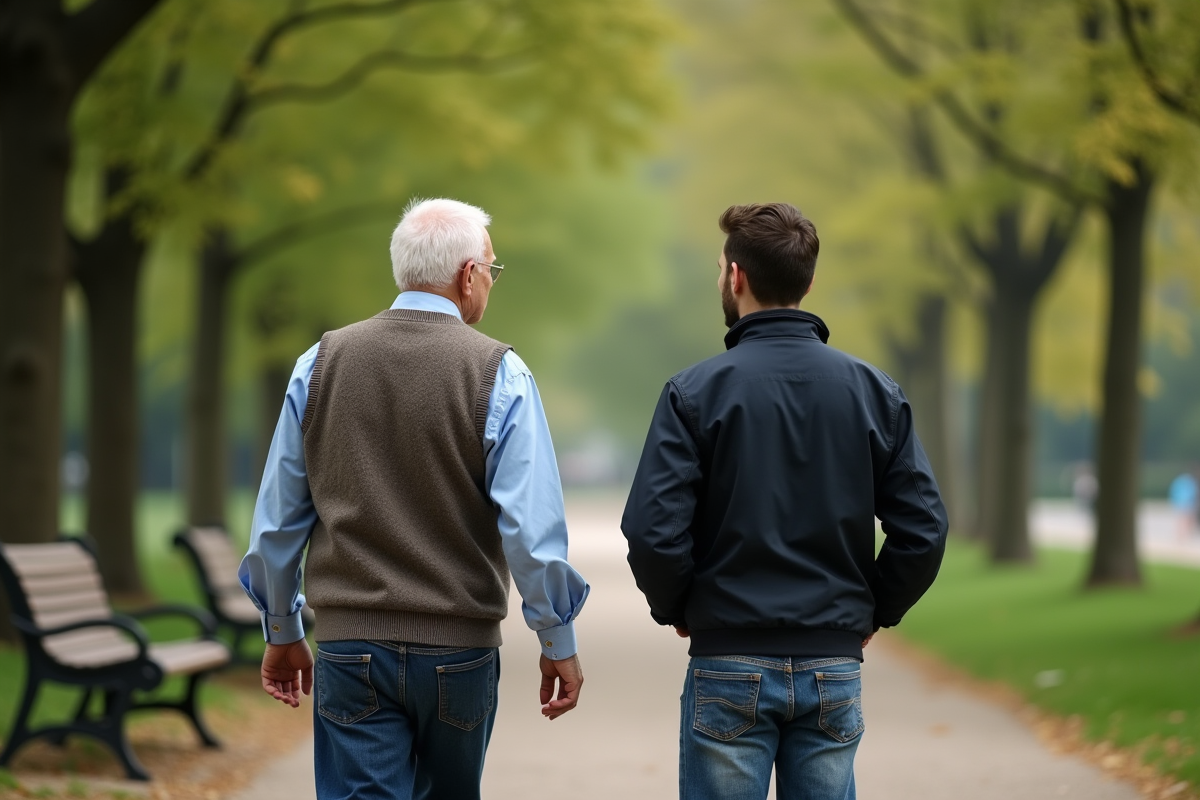 Grand-père et petit-fils se promenant dans un parc calme