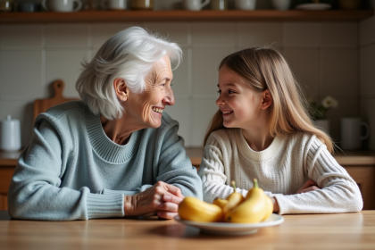 Grand-mère et petite fille discutent dans la cuisine chaleureuse