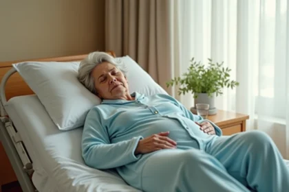 Femme adulte portant un pyjama grenouillère bleu pastel dans une chambre de soins, dormant paisiblement dans un lit médicalisé