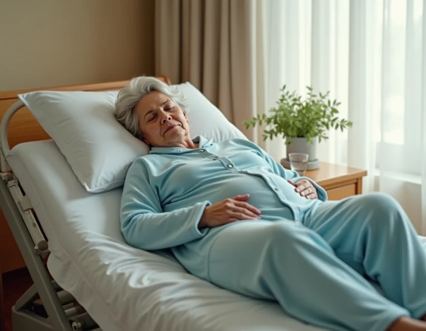 Femme adulte portant un pyjama grenouillère bleu pastel dans une chambre de soins, dormant paisiblement dans un lit médicalisé