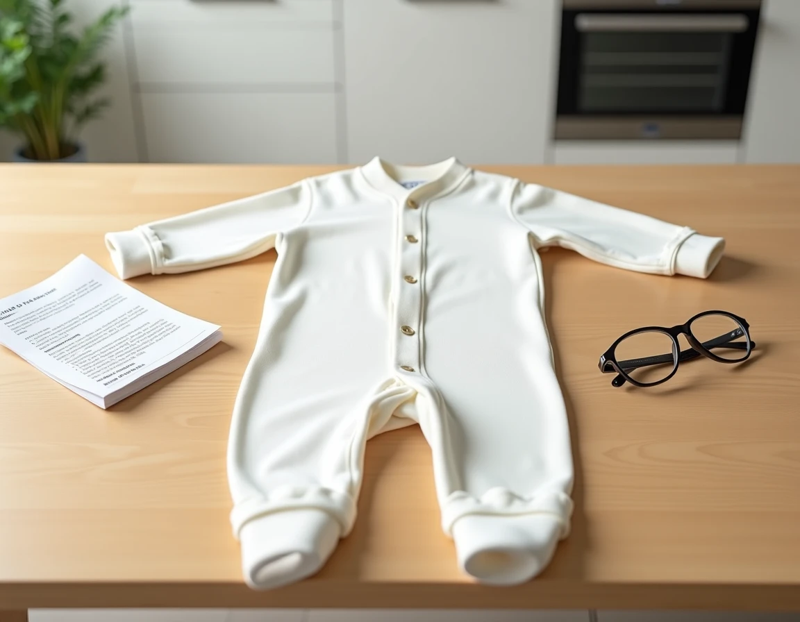 Grenouillère adulte en coton blanc avec pressions de soins, posée à plat sur une table en bois dans un intérieur domestique
