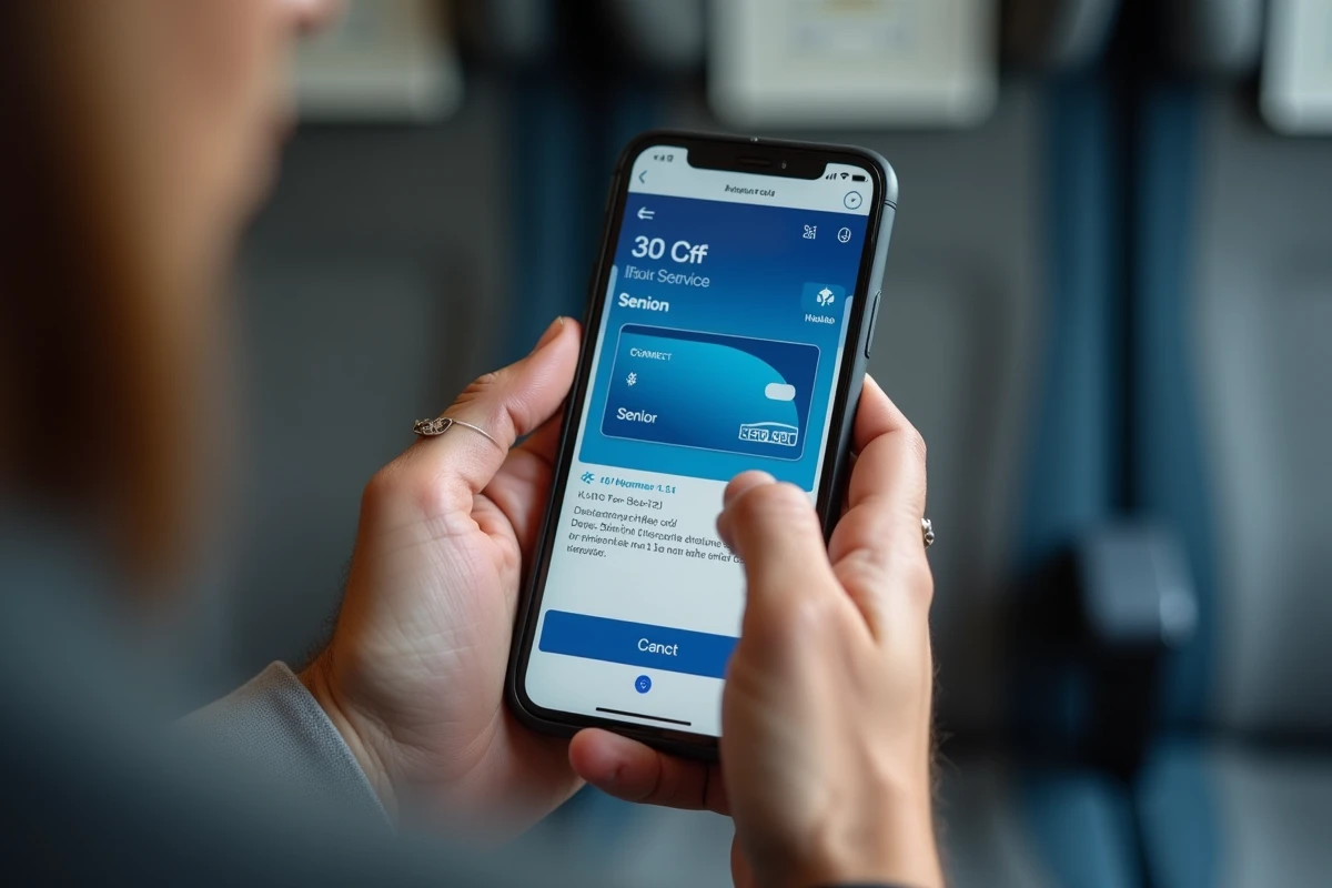 Gros plan sur des mains de personne âgée tenant un smartphone avec la carte Senior SNCF dématérialisée affichée